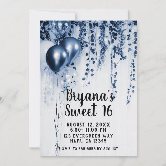 Blue Metallic Party Ballonnen Ivy White Sweet 16 Kaart (Voorkant)