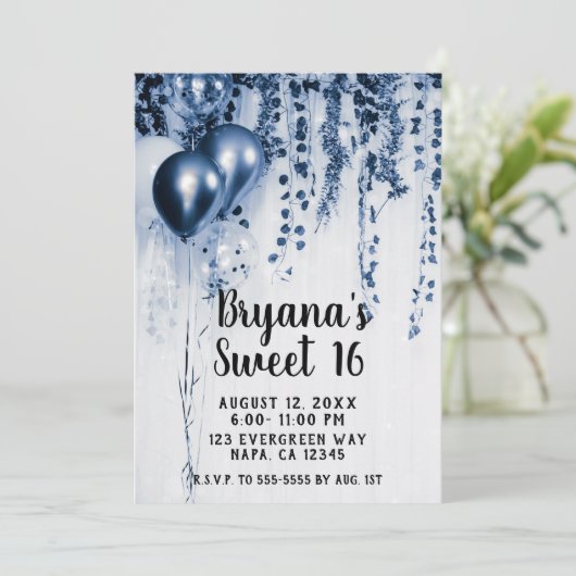 Blue Metallic Party Ballonnen Ivy White Sweet 16 Kaart (Staand voorkant)