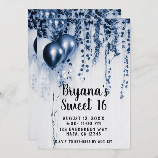 Blue Metallic Party Ballonnen Ivy White Sweet 16 Kaart (Voorkant / Achterkant)