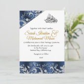 Blue Metallic Trellis Muslim bruiloft Kaart (Staand voorkant)