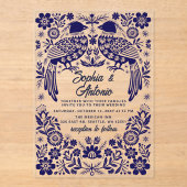 Blue Mexican Birds Otomi Floral Fiesta Wedding Acryl Uitnodigingen (Voorkant)
