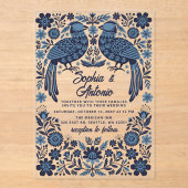 Blue Mexican Birds Otomi Floral Fiesta Wedding Acryl Uitnodigingen (Voorkant)