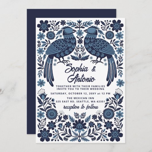 Blue Mexican Birds Otomi Floral Fiesta Wedding Kaart (Voorkant / Achterkant)