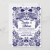 Blue Mexican Birds Otomi Floral Fiesta Wedding Kaart (Voorkant)