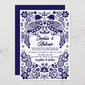 Blue Mexican Birds Otomi Floral Fiesta Wedding Kaart