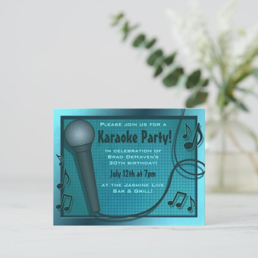 Blue Microphone Karaoke Party Uitnodiging (Staand voorkant)