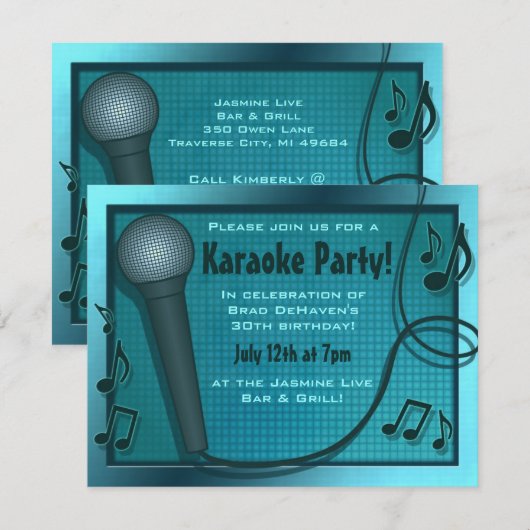 Blue Microphone Karaoke Party Uitnodiging (Voorkant / Achterkant)