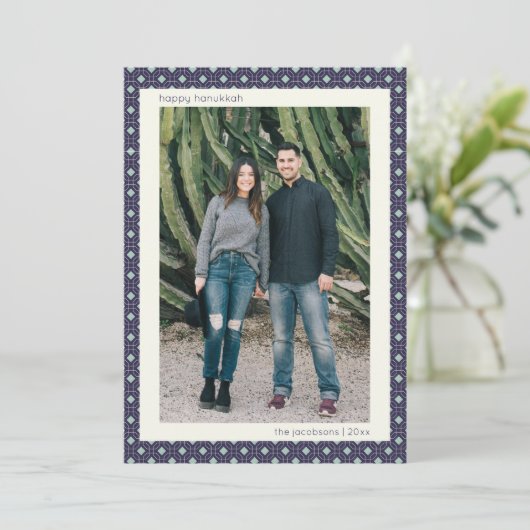Blue Mid Century Geometric Hanukkah Large Photos Feestdagenkaart (Staand voorkant)
