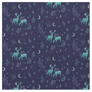 Blue Midnight Moonlight Deer Fabric Stof