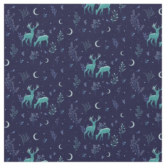 Blue Midnight Moonlight Deer Fabric Stof (Close Up)