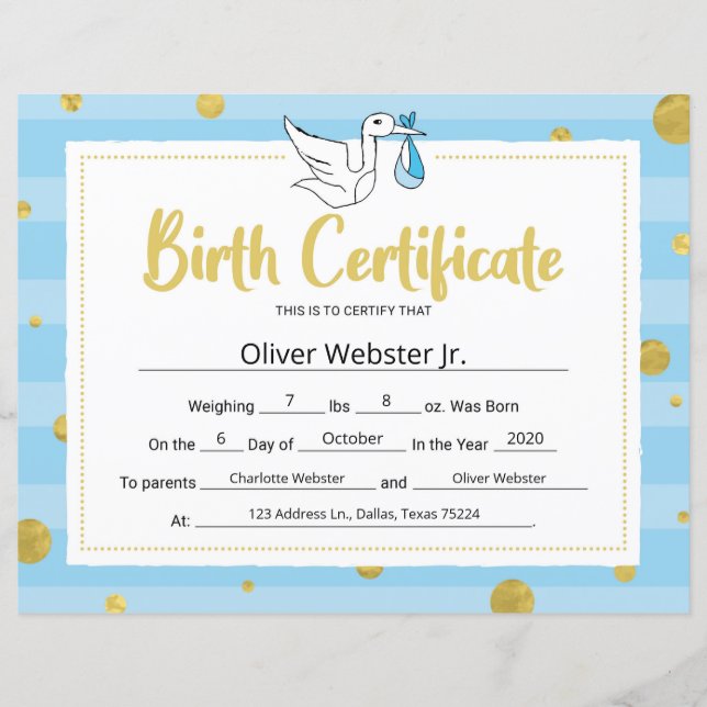 Blue Milestone Certificate Baby Birth Certificate (Voorkant)