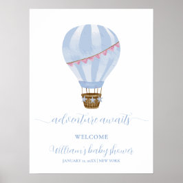 Blue Minimal Hete Luchtballon Baby shower Welkom Poster
