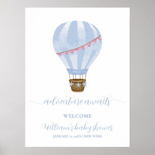 Blue Minimal Hete Luchtballon Baby shower Welkom Poster