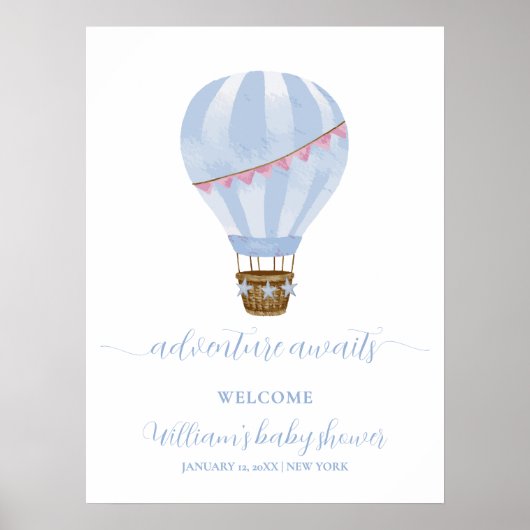 Blue Minimal Hete Luchtballon Baby shower Welkom Poster (Voorkant)
