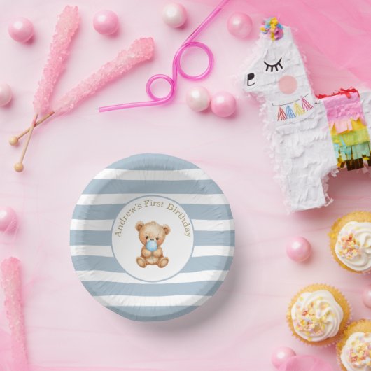 Blue Minimal Stripes Teddy Bear Verjaardag Papieren Kommen (Feest)
