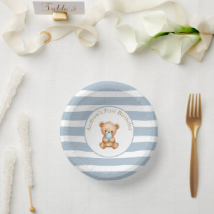 Blue Minimal Stripes Teddy Bear Verjaardag Papieren Kommen