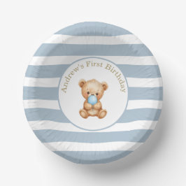 Blue Minimal Stripes Teddy Bear Verjaardag Papieren Kommen