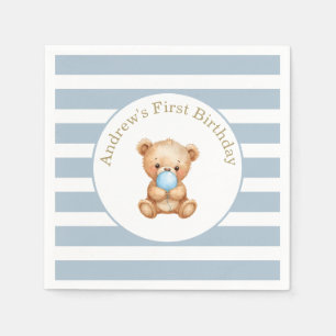 Blue Minimal Stripes Teddy Bear Verjaardag Servet