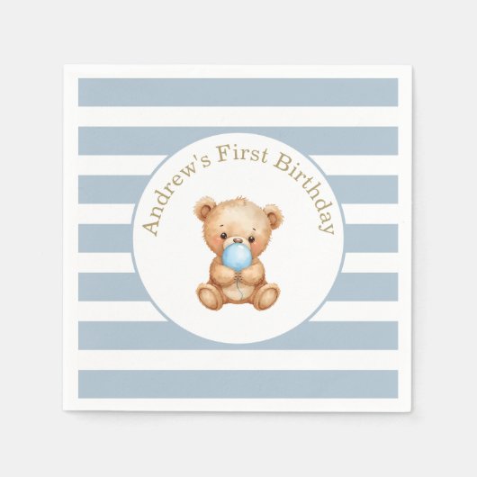 Blue Minimal Stripes Teddy Bear Verjaardag Servet (Voorkant)