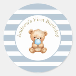 Blue Minimal Stripes Teddybeer Verjaardag Sticker