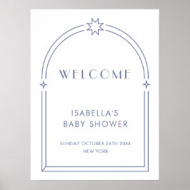 Blue Minimalist Boho Arch Baby shower Welkom Poster