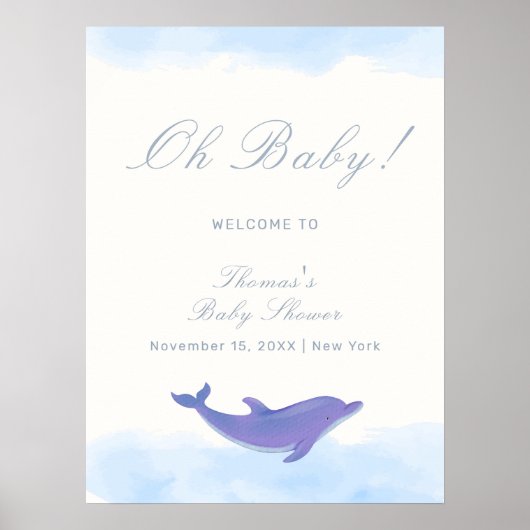 Blue Minimalist Boho Dolphin Baby shower Welkom Poster (Voorkant)