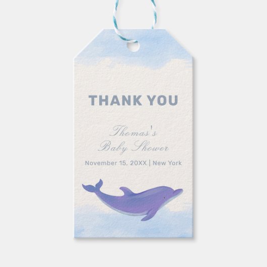 Blue Minimalist Boho Ocean Dolphin Baby shower Cadeaulabel (Voorkant)