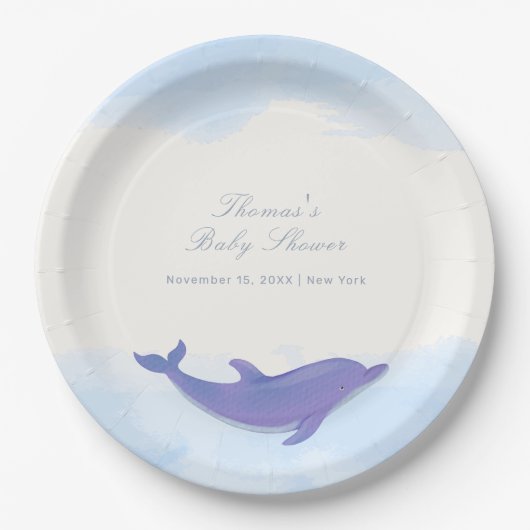 Blue Minimalist Boho Ocean Dolphin Baby shower Papieren Bordje (Voorkant)
