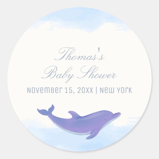 Blue Minimalist Boho Ocean Dolphin Baby shower Ronde Sticker (Voorkant)