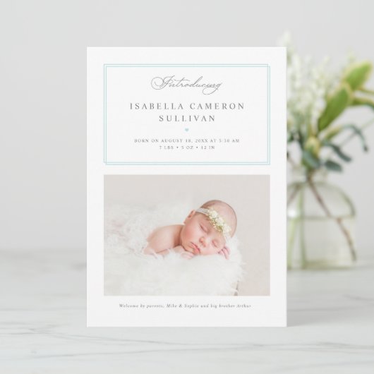 Blue Minimalist Borders Script Photo Baby Birth Aankondiging (Staand voorkant)