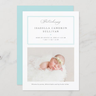 Blue Minimalist Borders Script Photo Baby Birth Aankondiging