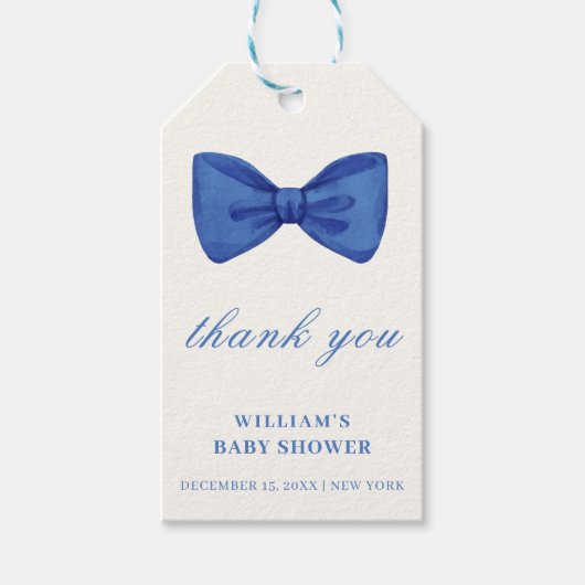 Blue Minimalist Bow Boy Baby shower Bedankt Cadeaulabel (Voorkant)