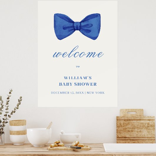 Blue Minimalist Bow Boy Baby shower Welkom Poster (Keuken)