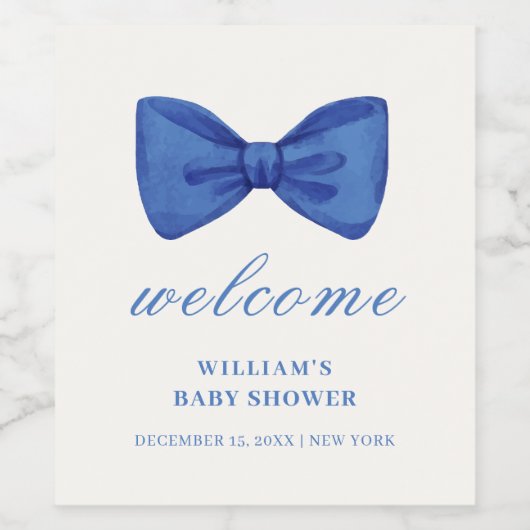 Blue Minimalist Bow Boy Baby shower Welkom Wijn Etiket (Enkel label)
