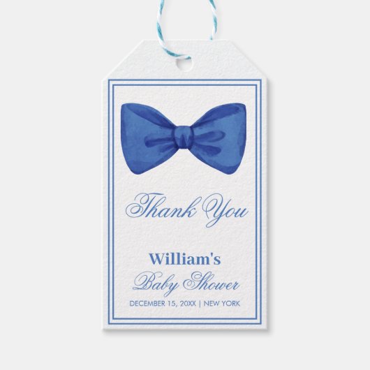 Blue Minimalist Bow Lijst Baby shower Bedankt Cadeaulabel (Voorkant)