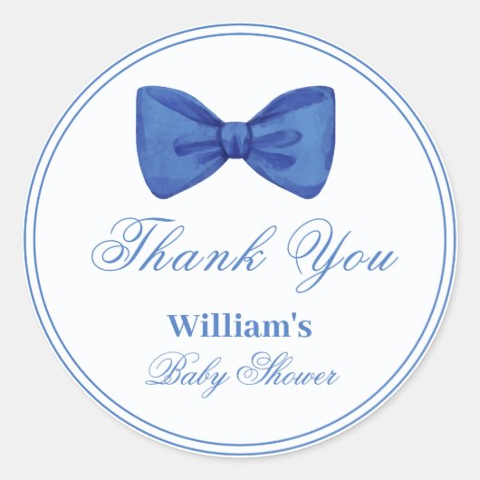 Blue Minimalist Bow Lijst Baby shower Bedankt Ronde Sticker (Voorkant)