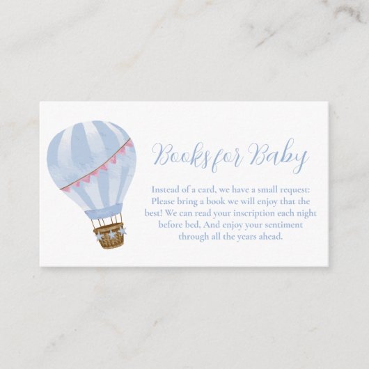 Blue Minimalist Hete Luchtballon Boeken Baby showe Informatiekaartje (Voorkant)
