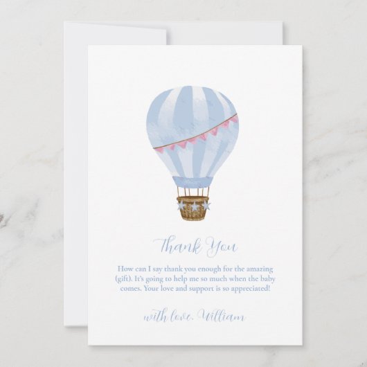 Blue Minimalist Hot Air Balloon Boy Baby shower Bedankkaart (Voorkant)