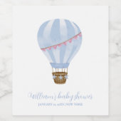 Blue Minimalist Hot Air Balloon Boy Baby shower Wijn Etiket (Enkel label)