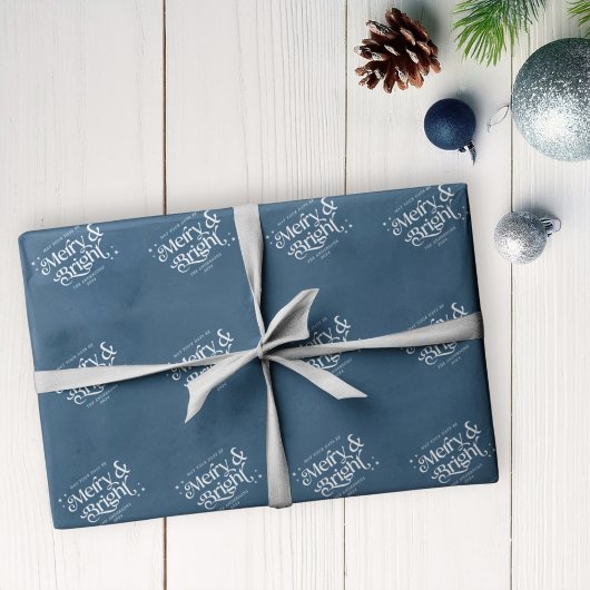 Blue Minimalist Merry & Bright Christmas Cadeaupapier