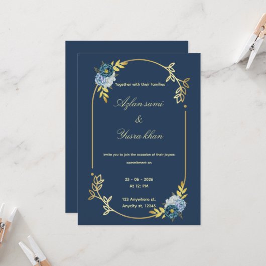 Blue minimalist Muslim wedding invitation Editable Kaart (Voorkant / Achterkant in situ)