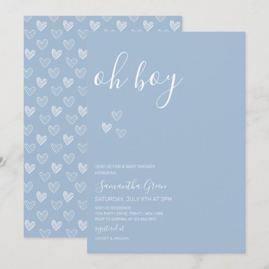 Blue Minimalist Oh Boy Baby shower Kaart (Voorkant / Achterkant)