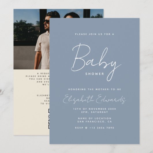 Blue Minimalist Photo QR Code Baby shower Kaart (Voorkant / Achterkant)