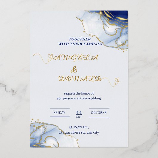Blue Minimalist waterverf bruiloft Folie Uitnodiging (Voorkant)