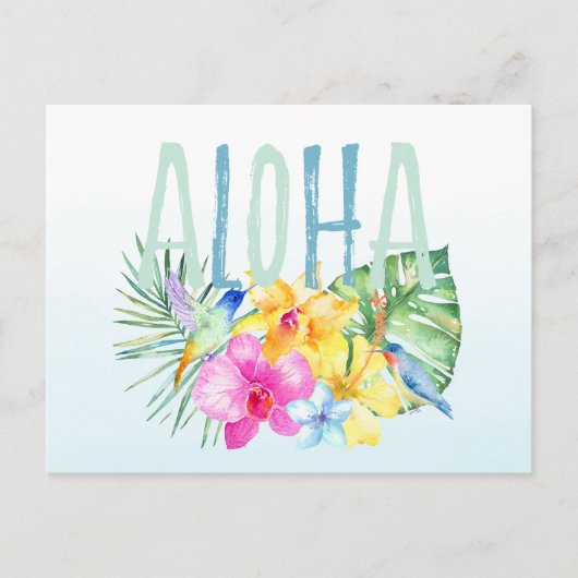 Blue Mint Aloha Bloemen Tropische Waterverf Briefkaart (Voorkant)