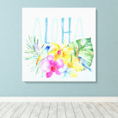 Blue Mint Aloha Bloemen Tropische Waterverf Canvas Afdruk (Insitu (Houten vloer))