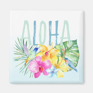 Blue Mint Aloha Bloemen Tropische Waterverf Magneet