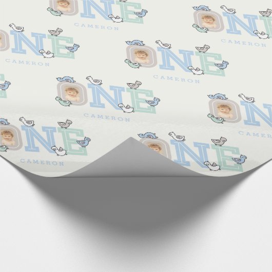 Blue & Mint Baby Ducks One Photo Boy 1st Birthday Cadeaupapier (Hoek)