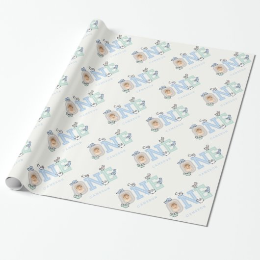 Blue & Mint Baby Ducks One Photo Boy 1st Birthday Cadeaupapier (Uitgerold)