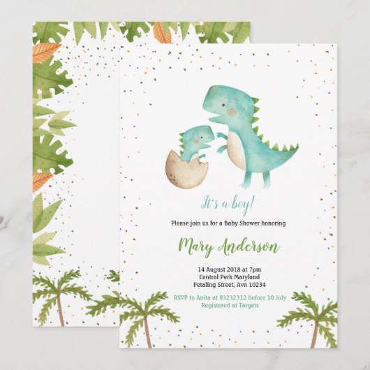 Blue Mint Boy Dinosaur Baby shower Uitnodiging (Voorkant / Achterkant)